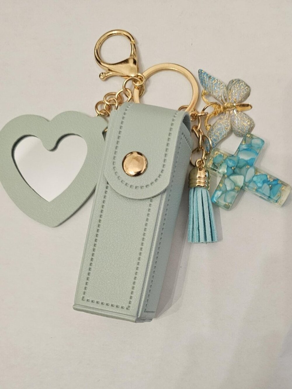 Blue Cross Lipstick Case Charm, Cute Mirror Bag Charm Purse Accessory, Handmade